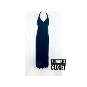 BCBGMaxAzria S Black Halter Gown Maxi V Neck Jersey Pleated Empire Waist Column